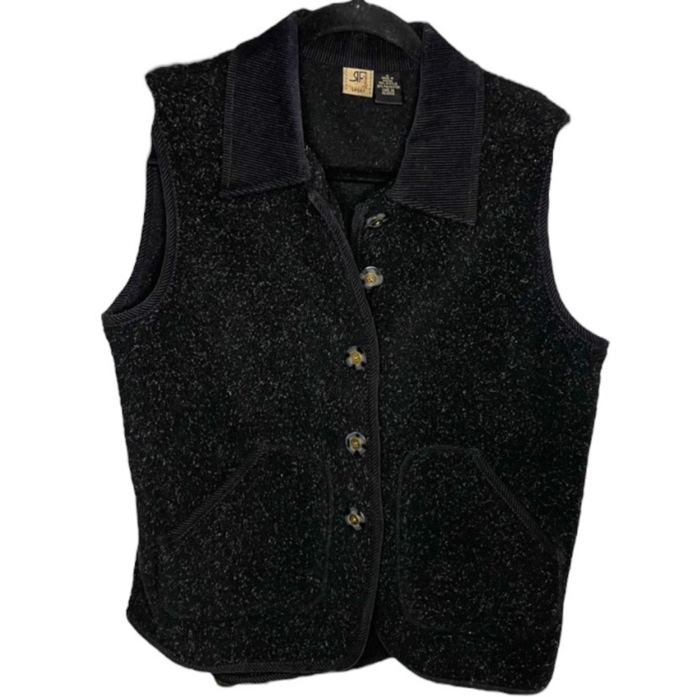 Rafella Black Sherpa Style Vest Corduroy Collar Size small pockets & buttons*